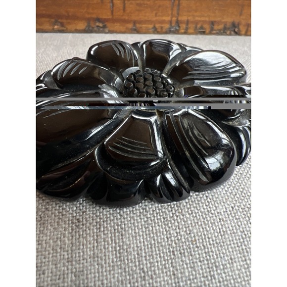 Bakelite Large Black Brooch Floral Carved Detailed Pierced Pin - Picture 3 of 13